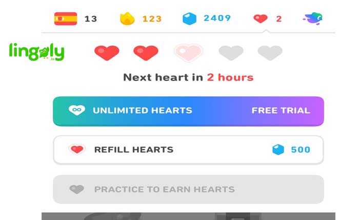Duolingo practice to earn heart greyed out